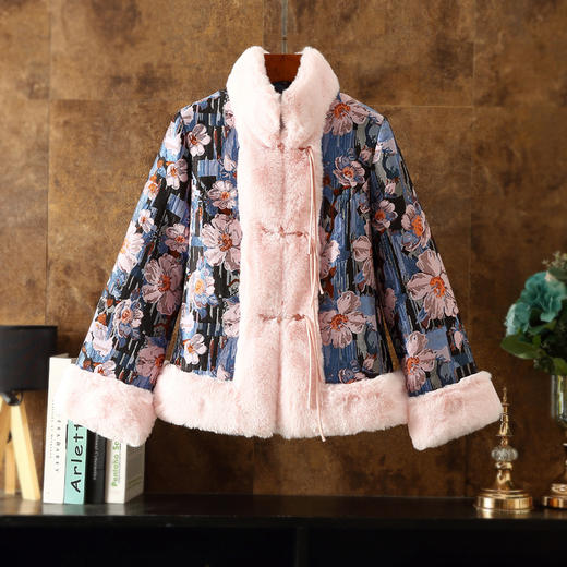 冬季轻奢，名媛兔毛提花改良毛领国风唐装短外套ZSM-221125 商品图0