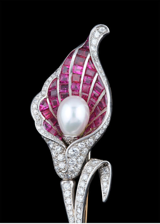 独角鹿西洋古董首饰珠宝欧洲铂金镶钻石珍珠红宝石花叶造型胸针 商品图3