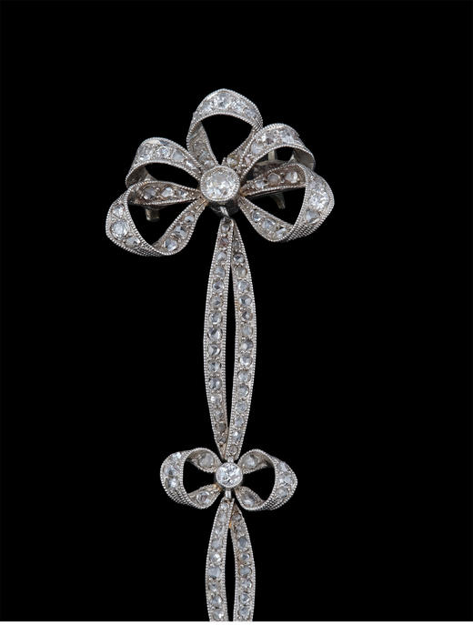 独角鹿西洋古董法国美好时代风格铂金镶钻石珍珠蝴蝶结缎带胸针 商品图1