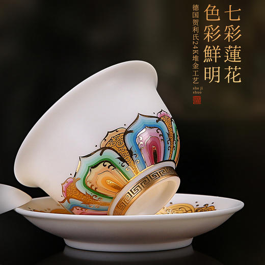 【禅茶一味 观赏品鉴】七彩莲花羊脂玉瓷茶具套组、步步高升、禅定杯，徐建勇老师签章，瓷质温润如玉 迎光透亮，莲花堆金 色彩鲜明，端庄秀丽 典雅大方，珍藏品鉴 送礼臻品 商品图1