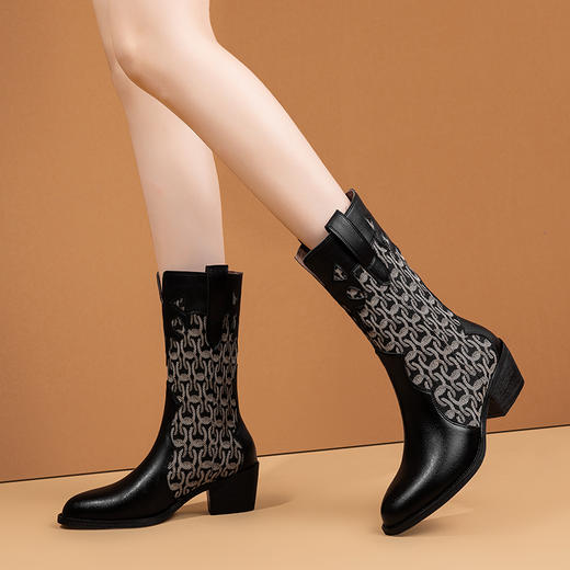法式拼接，圆头格纹时装靴个性压花粗跟马丁靴头层牛皮中筒靴QS-2338 商品图1