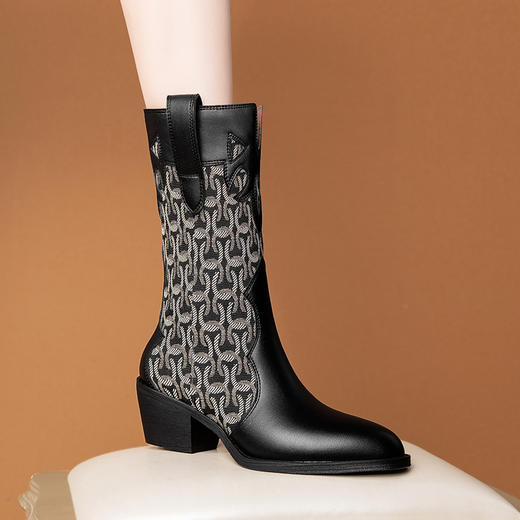 法式拼接，圆头格纹时装靴个性压花粗跟马丁靴头层牛皮中筒靴QS-2338 商品图6