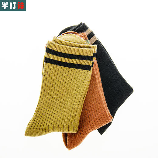 【1双装】袜子女中筒袜秋冬季羊毛女袜防臭长筒堆堆袜黑色二杠条纹秋款女士长袜【2222808】 商品图1