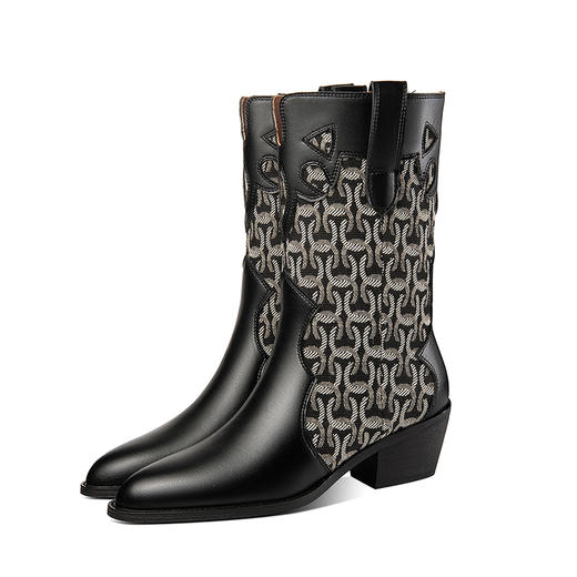 法式拼接，圆头格纹时装靴个性压花粗跟马丁靴头层牛皮中筒靴QS-2338 商品图5