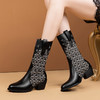法式拼接，圆头格纹时装靴个性压花粗跟马丁靴头层牛皮中筒靴QS-2338 商品缩略图0