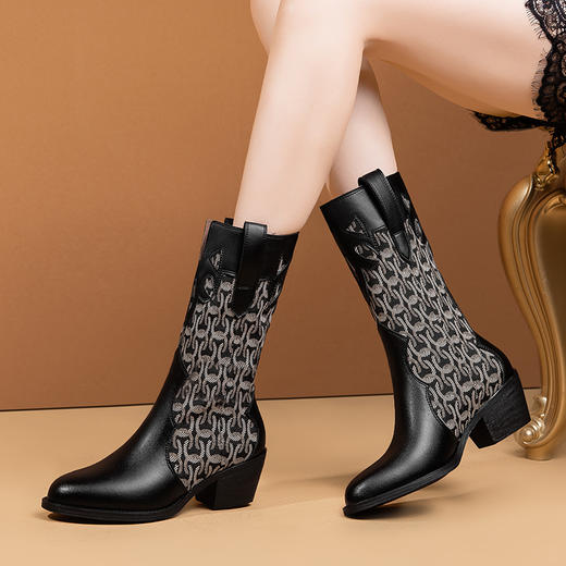 法式拼接，圆头格纹时装靴个性压花粗跟马丁靴头层牛皮中筒靴QS-2338 商品图0