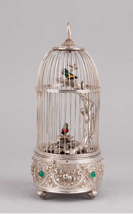 独角鹿西洋古董德国新古典主义花叶纹纯银精雕鸟笼式自鸣鸟八音盒 商品图3