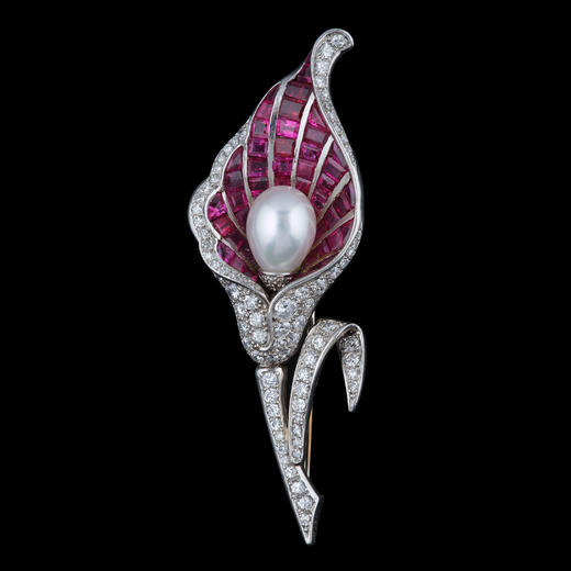 独角鹿西洋古董首饰珠宝欧洲铂金镶钻石珍珠红宝石花叶造型胸针 商品图0