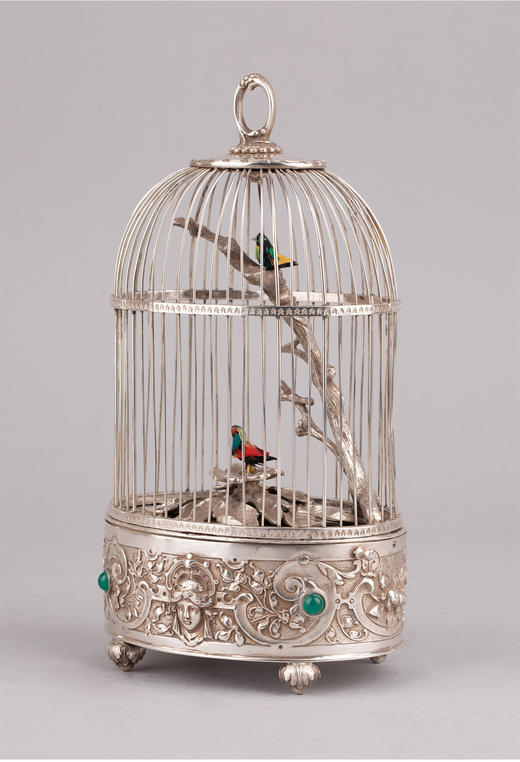 独角鹿西洋古董德国新古典主义花叶纹纯银精雕鸟笼式自鸣鸟八音盒 商品图2