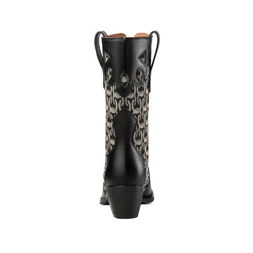 法式拼接，圆头格纹时装靴个性压花粗跟马丁靴头层牛皮中筒靴QS-2338 商品图4