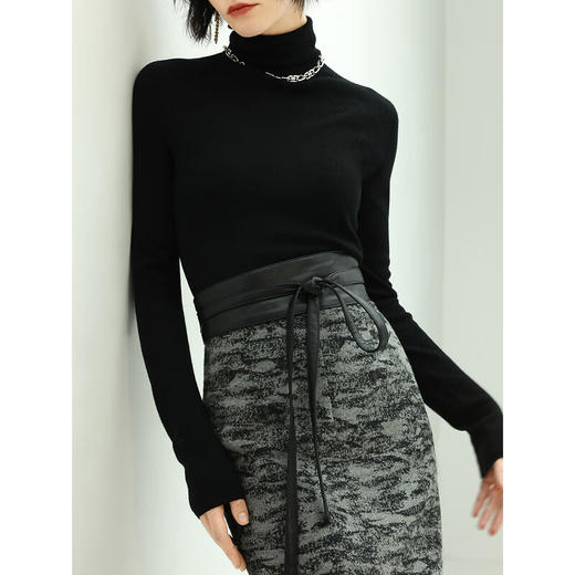 COCOBELLA渲染风提花高腰封加厚半身裙冬PU腰带开叉筒裙HS521 商品图2