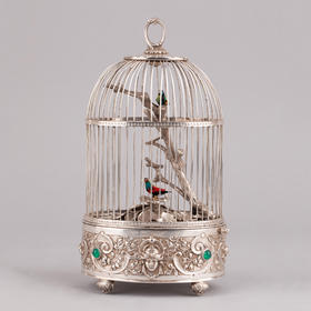 独角鹿西洋古董德国新古典主义花叶纹纯银精雕鸟笼式自鸣鸟八音盒