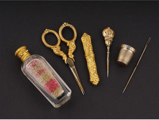 独角鹿西洋古董法国大理石嵌叶片造型铜鎏金蛋形母贝外壳缝纫套件 商品图3