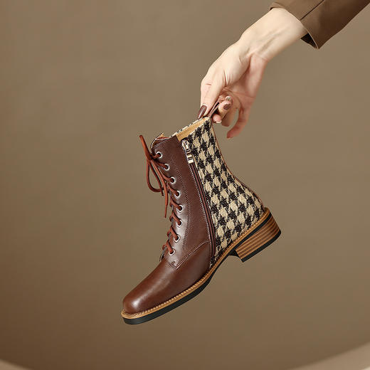英伦风系带马丁靴，圆头拼色格子短靴HBP-3847 商品图6