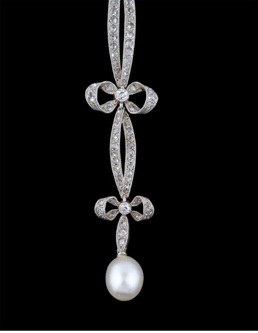 独角鹿西洋古董法国美好时代风格铂金镶钻石珍珠蝴蝶结缎带胸针 商品图3