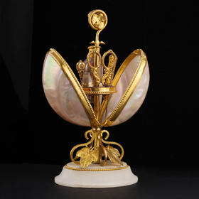 独角鹿西洋古董法国大理石嵌叶片造型铜鎏金蛋形母贝外壳缝纫套件