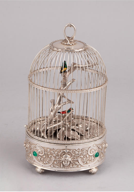 独角鹿西洋古董德国新古典主义花叶纹纯银精雕鸟笼式自鸣鸟八音盒 商品图4