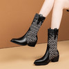 法式拼接，圆头格纹时装靴个性压花粗跟马丁靴头层牛皮中筒靴QS-2338 商品缩略图3