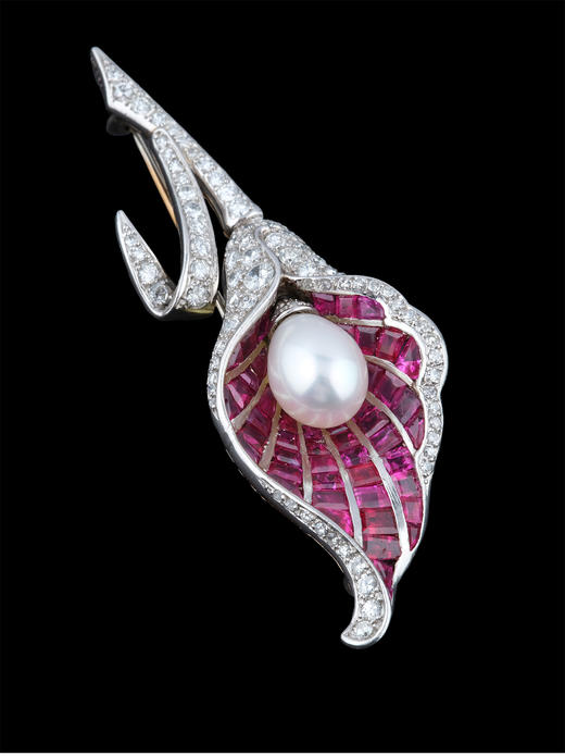 独角鹿西洋古董首饰珠宝欧洲铂金镶钻石珍珠红宝石花叶造型胸针 商品图2