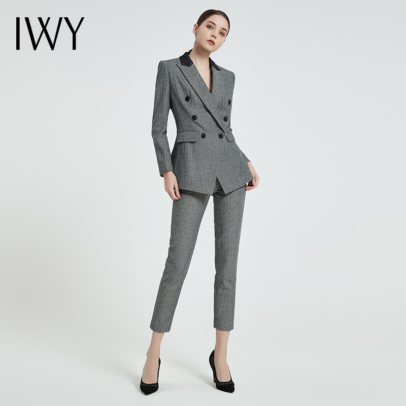 IWY/复古灰色人字纹羊毛套装黑灰拼接领女套装高管秋冬套装C12405+P12405