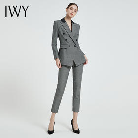 IWY/复古灰色人字纹羊毛套装黑灰拼接领女套装高管秋冬套装C12405+P12405