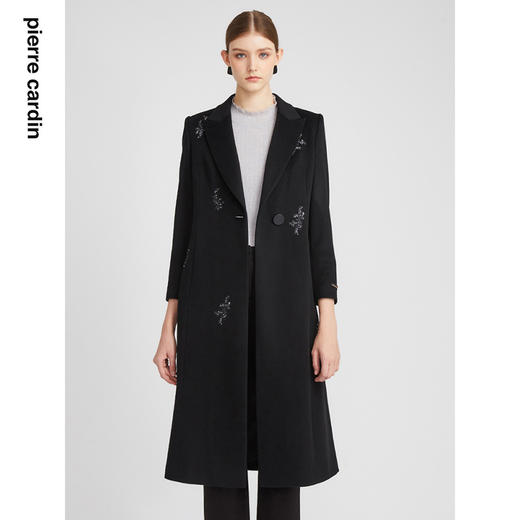 皮尔卡丹女装大衣黑色时尚刺绣长款保暖羊毛羊绒外套P2453C2965B0
 商品图0