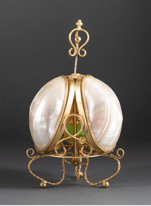 独角鹿西洋古董法国铜鎏金精雕蛋形母贝外壳绿色水晶香水瓶套件 商品图1