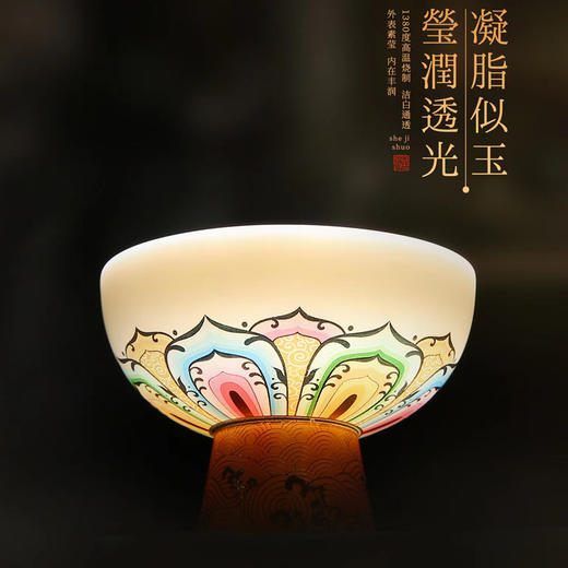 【禅茶一味 观赏品鉴】七彩莲花羊脂玉瓷步步高升、禅定杯、茶具套组，徐建勇老师签章，瓷质温润如玉 迎光透亮，莲花堆金 色彩鲜明，端庄秀丽 典雅大方，珍藏品鉴 送礼臻品 商品图3