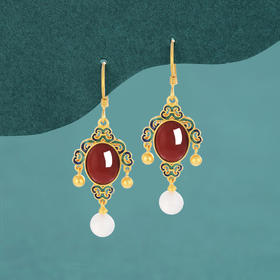 YX-ES597 s925纯银故宫花耳钩南红玛瑙珐琅点缀耳坠喷砂祥云白玉耳饰