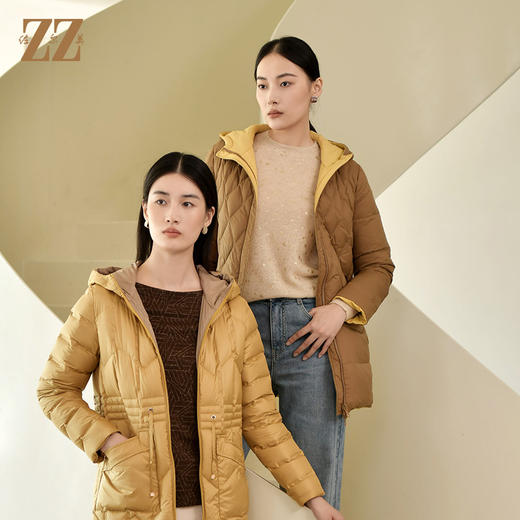 佐尔美冬季新款 气质连帽双面穿菱形格羽绒服女E24YY05 商品图4