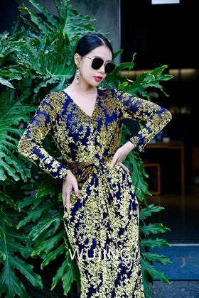 【雾境定制款】金枝玉叶烧花丝绒 优雅女人味修身连衣裙 2202213