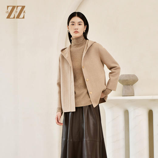 佐尔美冬季新款 气质连帽咖啡色短款双面呢中褛女E24SM05 商品图3