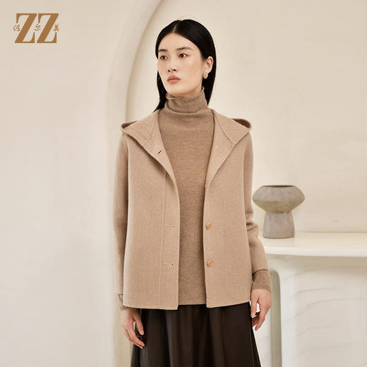 佐尔美冬季新款 气质连帽咖啡色短款双面呢中褛女E24SM05 商品图0