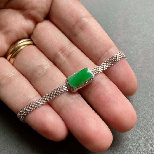 冰种阳绿翡翠素面无事牌手链18k白金钻石镶嵌 商品图7