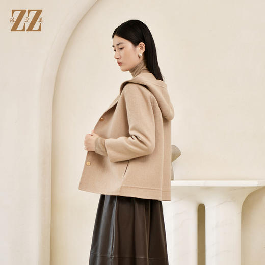 佐尔美冬季新款 气质连帽咖啡色短款双面呢中褛女E24SM05 商品图4