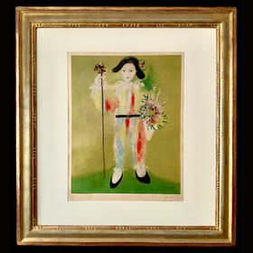 独角鹿西洋古董毕加索限量彩色凹版蚀刻版画手拿花束的小皮埃罗