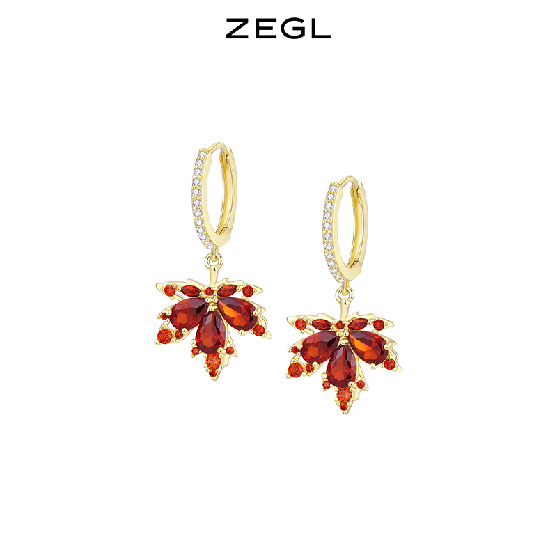 ZEGL红色枫叶耳环女耳夹无耳洞耳钉小众设计感高级秋冬银针耳饰品