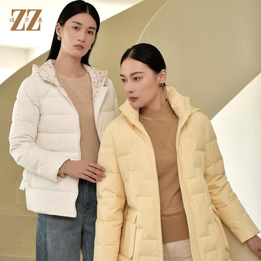 佐尔美2022冬季新款 气质时尚保暖黄色咖啡色连帽羽绒服女E24YY08 商品图3