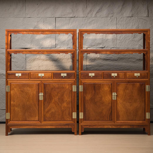 花梨木全独板带屉双层亮格柜（一对） 商品图0