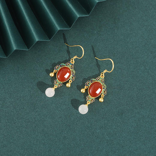 YX-ES597 s925纯银故宫花耳钩南红玛瑙珐琅点缀耳坠喷砂祥云白玉耳饰 商品图3