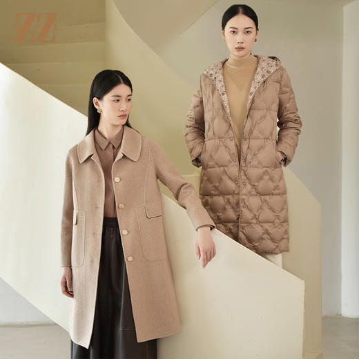 佐尔美2022冬季新款 气质咖啡色中长款羊毛双面呢中褛女E24SM04 商品图3