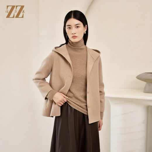 佐尔美冬季新款 气质连帽咖啡色短款双面呢中褛女E24SM05 商品图1