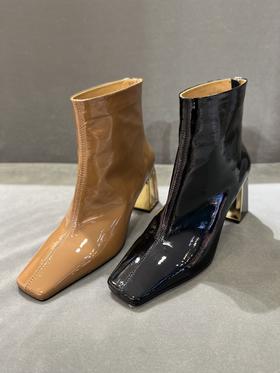 IUIU SECOND 时尚漆皮小方头粗跟高跟短靴质感时装靴女 U21DS45891