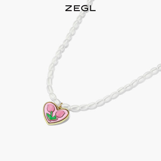 ZEGL爱心郁金香项链女芭比风粉色人造珍珠轻奢小众法式粉色花朵锁骨链 商品图1