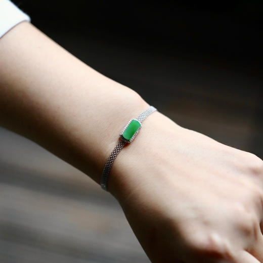 冰种阳绿翡翠素面无事牌手链18k白金钻石镶嵌 商品图9