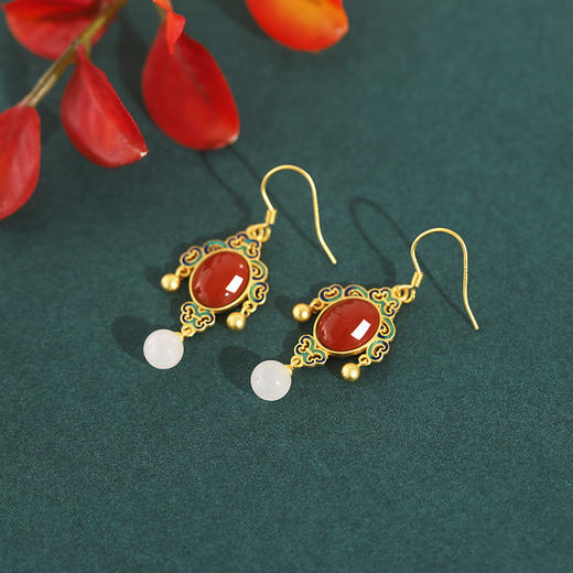 YX-ES597 s925纯银故宫花耳钩南红玛瑙珐琅点缀耳坠喷砂祥云白玉耳饰 商品图1