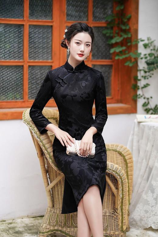 秋款丝绒提花旗袍改良版黑色妈妈装年轻款CJS70099 商品图2