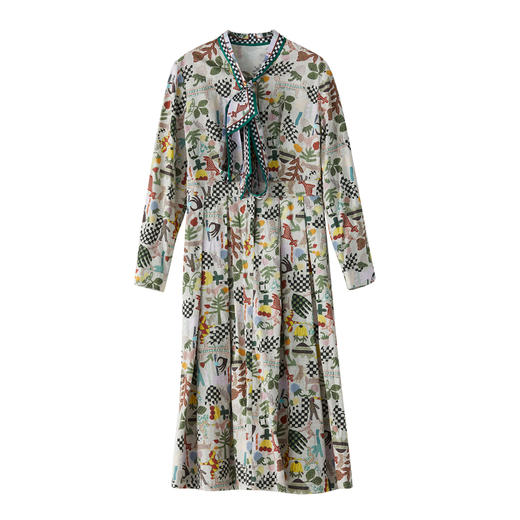 谜底2022冬季新款复古X型印花连衣裙系带蝴蝶结领长袖女224ML1672 商品图4