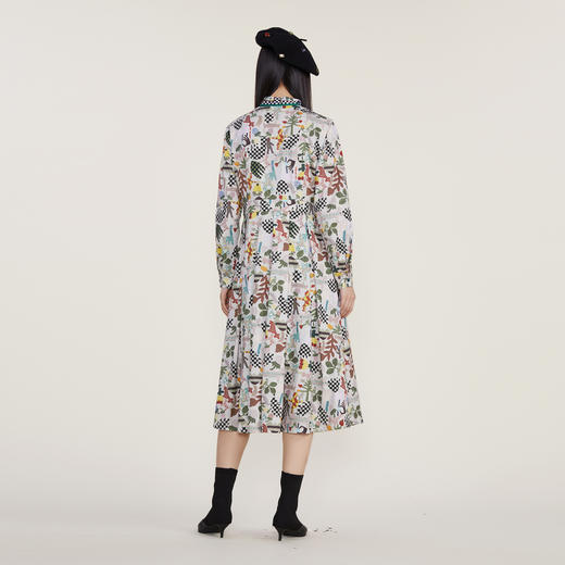 谜底2022冬季新款复古X型印花连衣裙系带蝴蝶结领长袖女224ML1672 商品图2