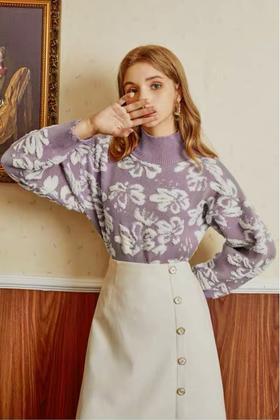 MEETLADY/米莱达 紫色图案花朵针织上衣 10729